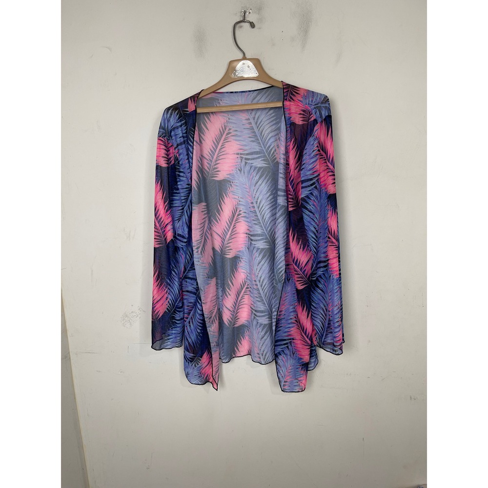 Tropical Palm Leaf Mesh Kimono Cardigan Pink Purple Blue Open Front Cover Up L - Picture 2 of 8